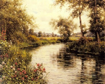 Flores en flor junto a un río Louis Aston Knight Pinturas al óleo